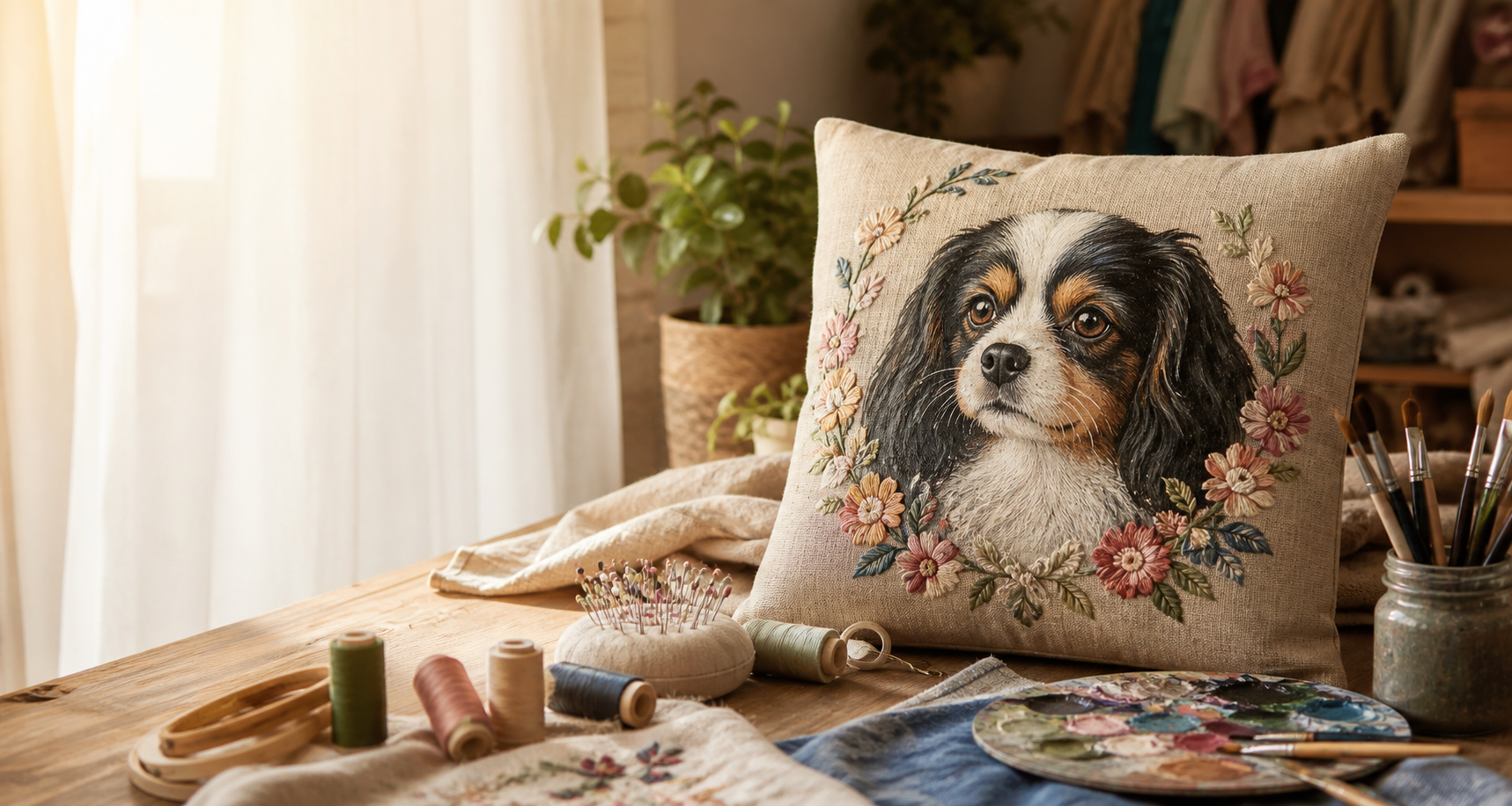 Cojín artesanal con retrato pintado de mascota en una mesa de taller