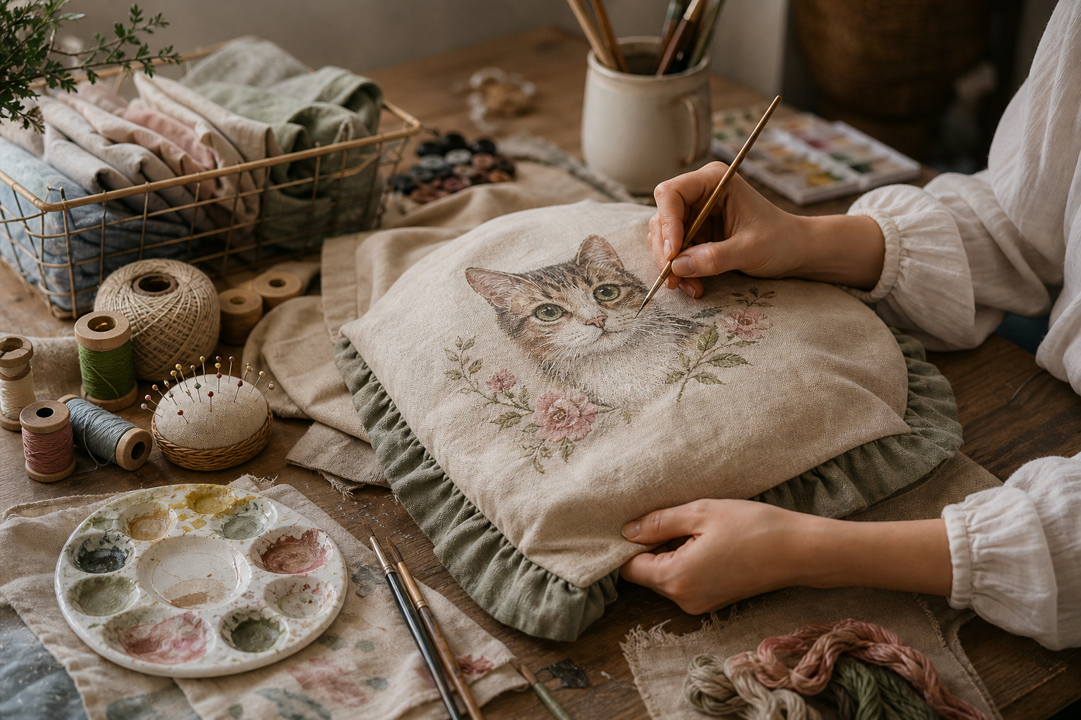 Manos pintando y cosiendo un cojín artesanal con retrato de mascota